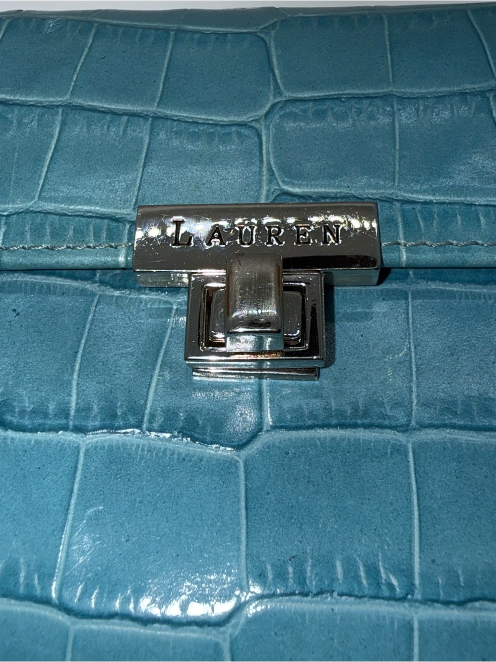 Lauren Ralph Lauren Croc Embossed Continental Wallet Turn Lock Blue - Picture 12 of 15
